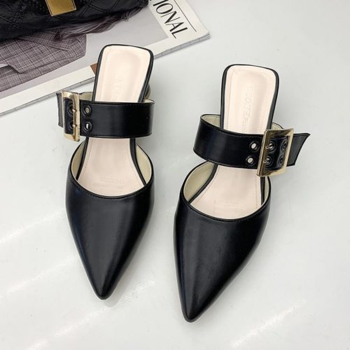 JSH168-black Sepatu Heels Blok Wanita Cantik Import 4CM