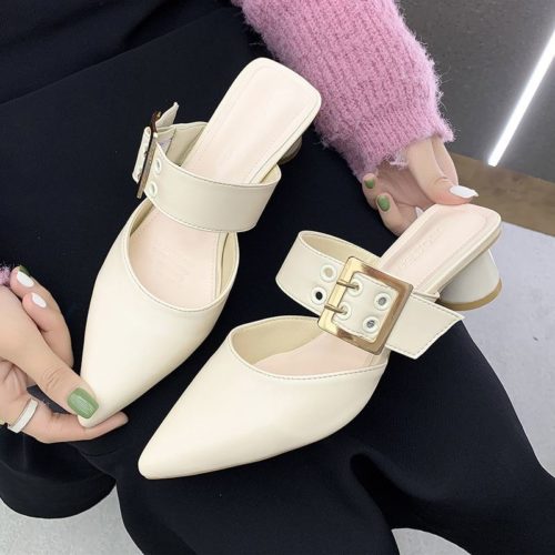 JSH168-white Sepatu Heels Blok Wanita Cantik Import 4CM