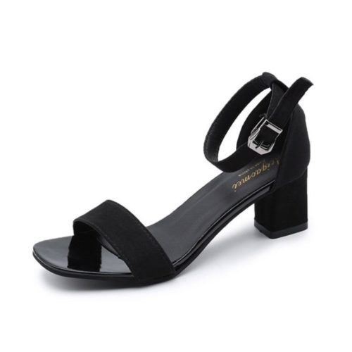 JSH318-black Sepatu Heels Block Suede Wanita Cantik Import 7CM