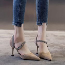 JSH905-khaki Sepatu Heels Bludru Wanita Elegan 5CM