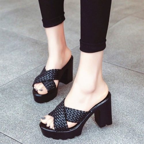 JSHL560-black Sepatu High Heels Block Wanita Elegan Import 9CM