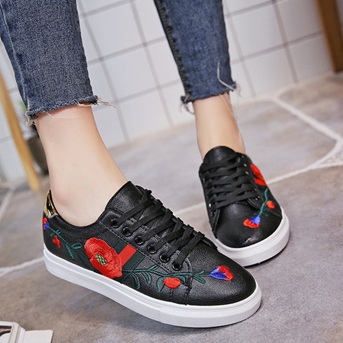 JSS918-black Sepatu Sneakers Motif Bunga Wanita Cantik