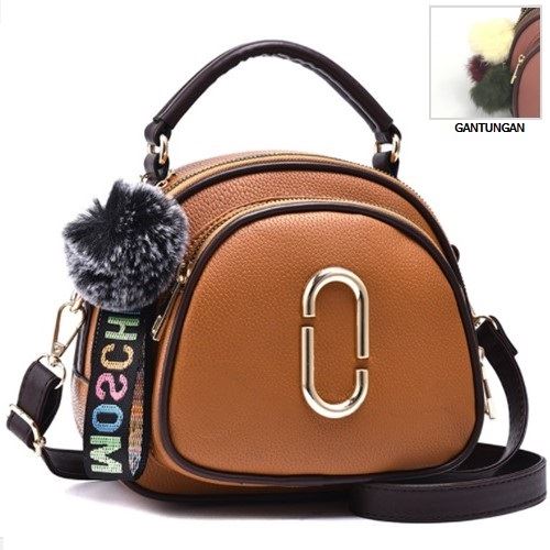 JT97658-brown Tas Handbag Wanita Gantungan Pom Pom Import