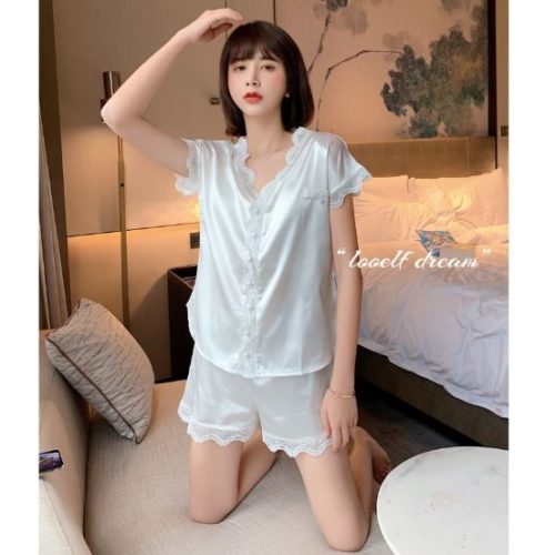 PJ4608-white Baju Tidur Set Wanita Bahan Sutra Lembut
